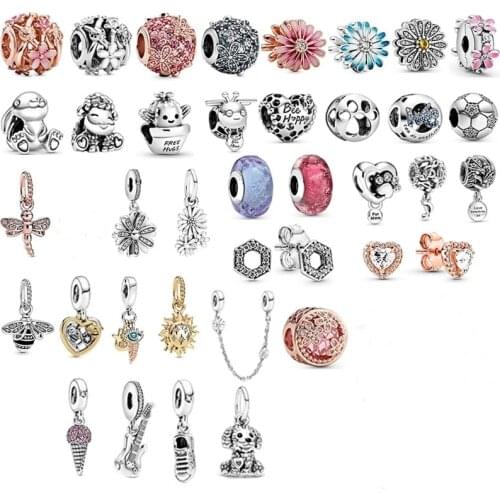 2020 100% 925 sterling silver pan flower guitar bee notes cute dog rabbit ice cream football sun lucky hollow charm jewelry