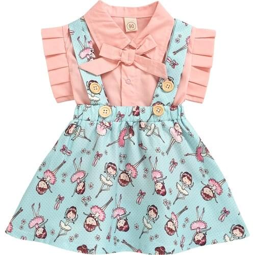 2021 Summer Girl Clothes Suit Set New Pink Short Sleeve Shirt Tops+Cartoon Skirts 2pcs Baby Kids Children Clothing Outfits