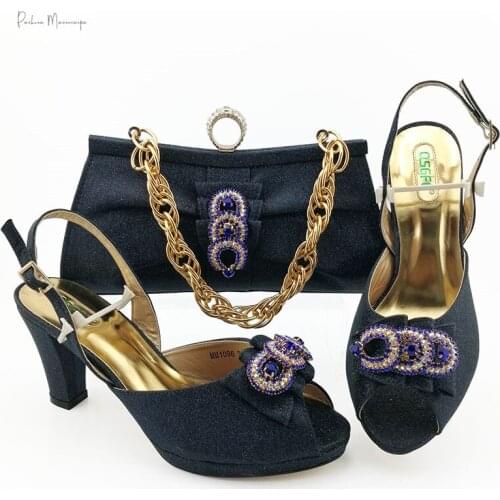 2021 New Coming Nigerian Women Shoes and Bag Set in Dark Blue Color Decorate with Rhinestone for Wedding Party