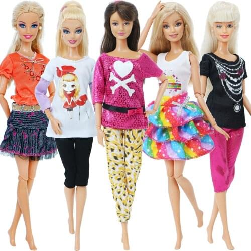 Handmake 5 Sets Lovely Outfits Lady Daily Casual Wear T-Shirt Blouse Shorts Leopard Pants Cake Skirt Clothes for Barbie Doll Toy