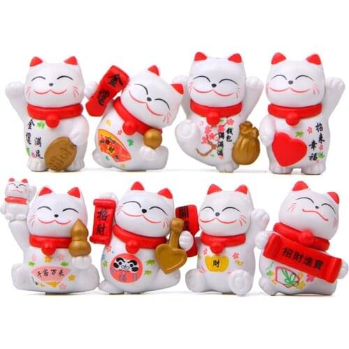 8PCS Lucky Cat Red Ear Money Kitten Small Statue Figurine Crafts Cute Figure Children Ornament Miniatures Home Decoration Toys