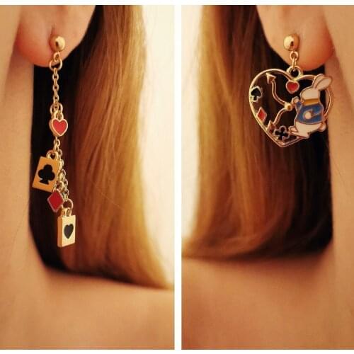 Alice Girl Mr.Rabbit Poker Asymmetry Drop Earrings Women Girl Earring