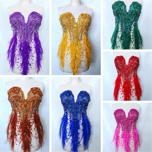 DHL free shipping 11colour Handmade rhinestones applique full body Ostrich hair decoration trim patches for dress front and back