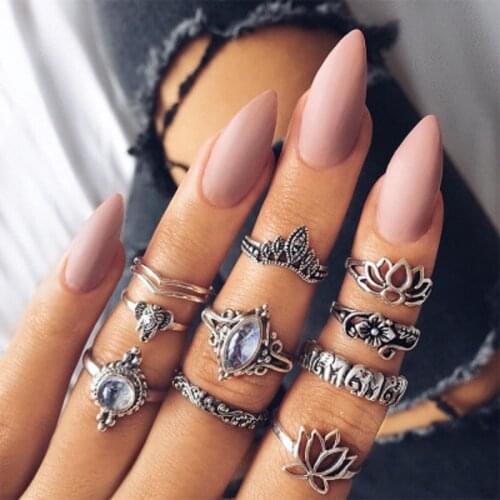 Bohemia Antique Gold Elephant Flower Rose Heart Crown Carved Rings Set Knuckle Finger Midi Ring for Women Jewelry