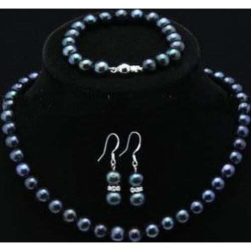 7-8mm black Akoya Pearl Necklace Bracelet Earring 1 Sets 18" 7.5"