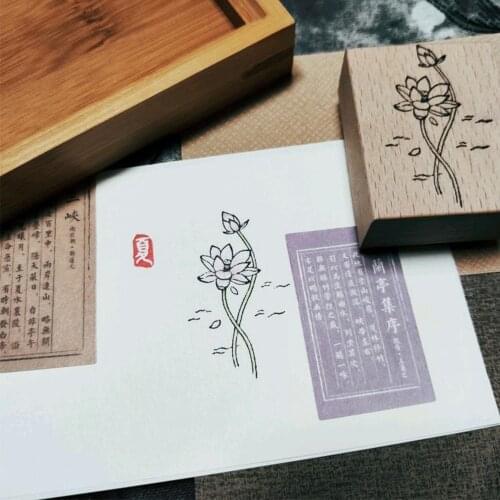 Retro DIY Wood Hand Account Stamp Chinese Traditional Lotus Painting Handmade Wooden Decoration Stamp For Wedding Card Letter