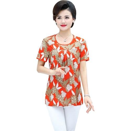 Short Sleeve Printed Tops For Women Summer New Fashion Middle Age Mother Clothes O-Neck T-Shirt Bottoming Shirt Casual Pullover