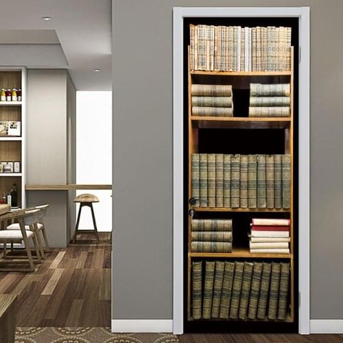 Retro Bookshelf Home Decoration Door Stickers Bedroom Study Room Decoration Wall Art Door Decals Self-Adhesive Waterproof