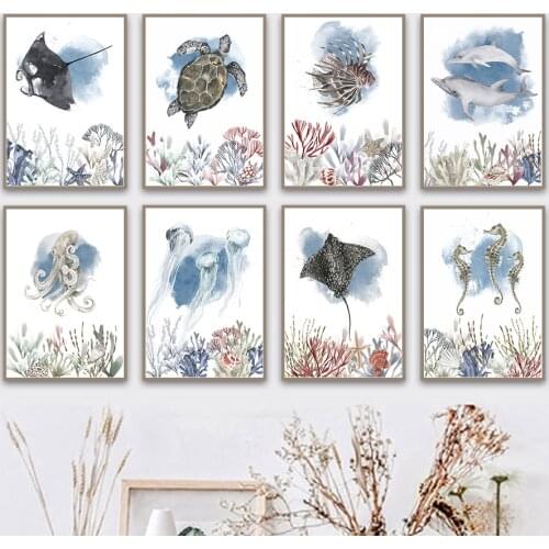 Coral Shell Dolphin Fish Jellyfish Marine Life Wall Art Canvas Painting Nordic Posters And Prints Wall Pictures For Home Decor