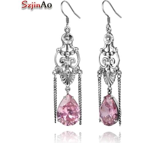 Szjinao Owl Sparkling Fashion Earrings Solid Silver-925-Jewelry Pink Wedding Crystal Earrings For Women Handmade brinco grande