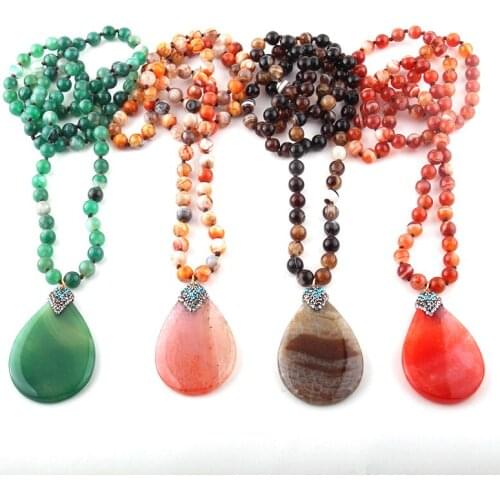 MOODPC Fashion Bohemian Jewelry Natural Agat Stones Knotted Drop Stone Pendant Necklaces For Women Ethnic Necklace