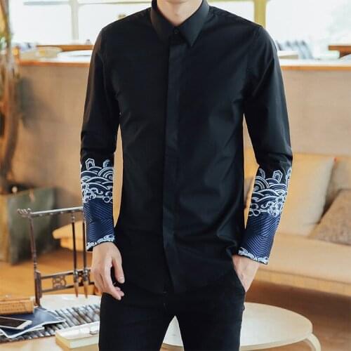 Chinese Style Embroidery Men Shirt Long Sleeve Casual Slim Fit Streetwear Men Shirt Man Casual Shirt Men Clothes 2021 New 30543