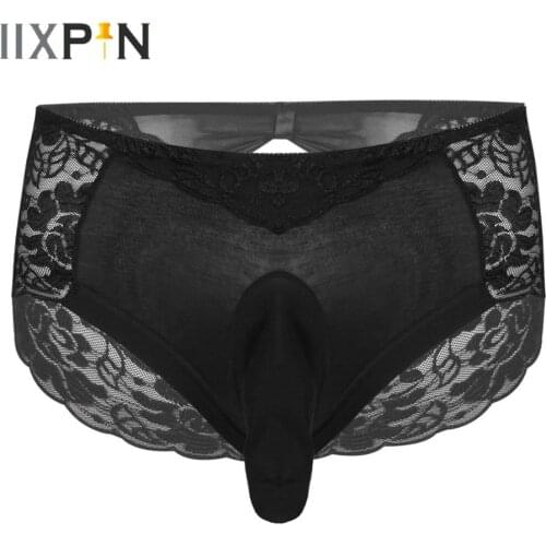 Mens Lingerie Sissy Lace Underwear Floral Lace Patchwork Sexy Briefs Elastic Waistband Bulge Pouch Thong Nightwear Sleepwear