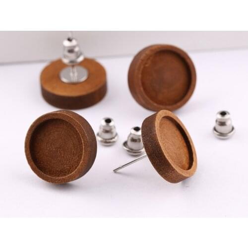 Reidgaller 10pairs 12mm wood cabochon stud earring base settings diy blank stainless steel post earrings findings