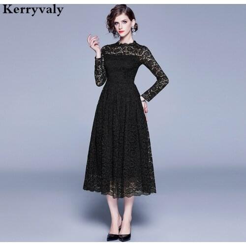New Fall Hollowed-out Black Lace Dress Zomerjurk Dames 2021 Long Sleeves Midi Women Party Dress Dames Jurken Robe Pull K8315