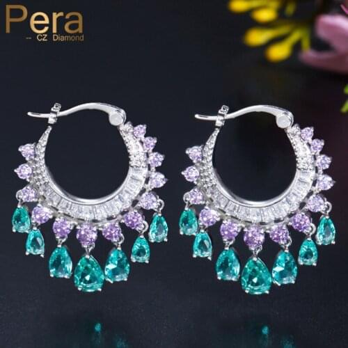 Pera Trendy Purple Blue CZ Crystal Big Round Hanging Water Drop Tassel Dangle Earrings for Women Wedding Party Jewerly E587
