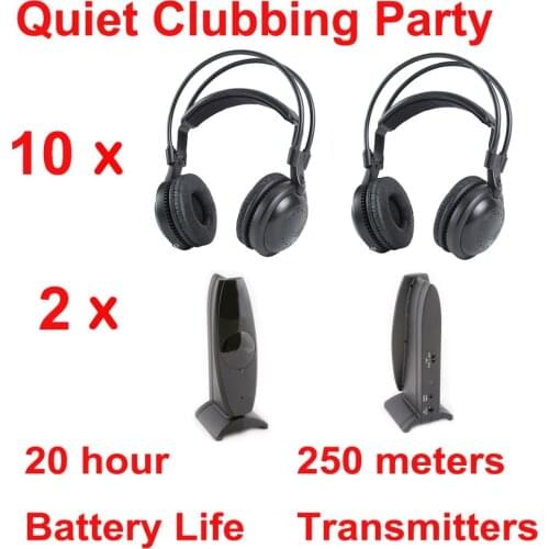 Most Professional Silent Disco compete system wireless headphones - Quiet Clubbing Party Bundle (10 Headphones + 2 Transmitters)