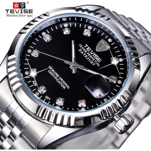 TEVISE Top Brand Calendar Dispaly Silver Steel Mens Fashion Diamond Simple Automatic Mechanical Wrist Watches Top Brand Luxury