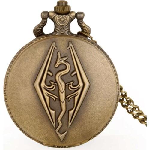 Vintage Bronze Elder Scrolls Skyrim Quartz Pocket Watch with Chain Pendant Necklace Mens Women Fob Watch