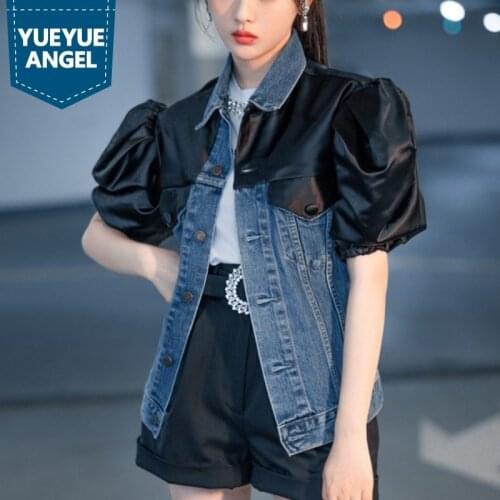 Fashion Women Loose Spliced Denim Jacket Puff Sleeve Short Tops Jacket Female Summer Sweet Single Breasted Cowgirl Jackets