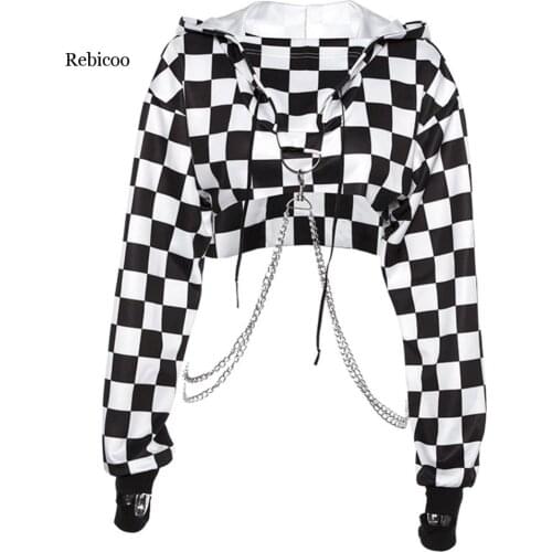 Women Plaid Casual Streetwear Sweatshirt Hoodie Crop Top Jumper Pullover Chain Stitching Short Loose Sweatshirt Plaid Shirt
