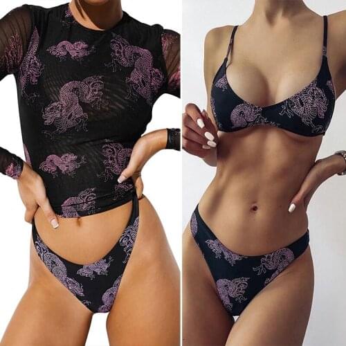 Womens Dragon Pattern Net Gauze Blouse 3-Piece Womens Split Swimsuit Set