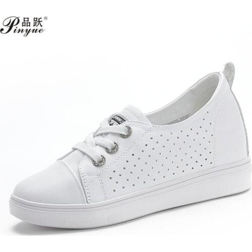 Real leather Women Shoes New Waterproof Wedges Woman Casual Platform Heels Female Leisure Black & White Sneakers