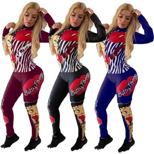Echoine Women Clothes Letter Cartoon Printed Two Piece Set Full Sleeve Zipper Jacket Casual Pants Tracksuit Lounge Wear Outfits