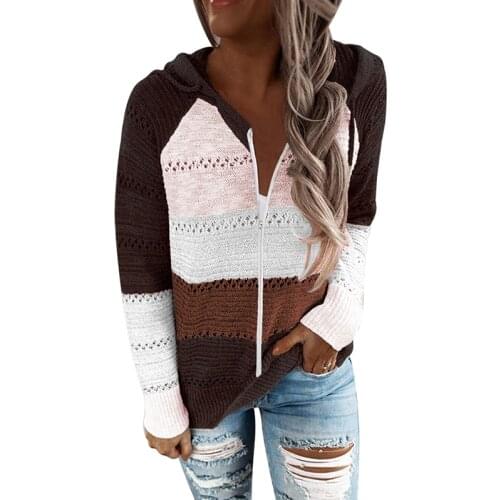 Fad Autumn Spring Womens Hooded Sweaters Patchwork Knitted Vintage Female Cardigans with Long Sleeve Casual Ladies Outwear