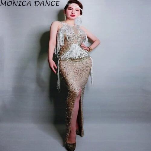 Women Sexy Stage Sparkly Rhinestones Fringes Dress Sleeveless Crystal Tassels Long Dress Lady Singer Host Concert Stage Costume