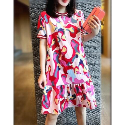 Dress Summer Fashion European Retro Geometric Floral Print Dress Ladies OL Elegant Ladies Ladies Ruffle Blousa Dress NS387