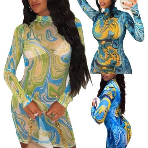 Women See-Through Mesh Bodycon Dress Abstract Print Round Neck Long Sleeve Tight Dress Casual High Waist Wrapped Dress