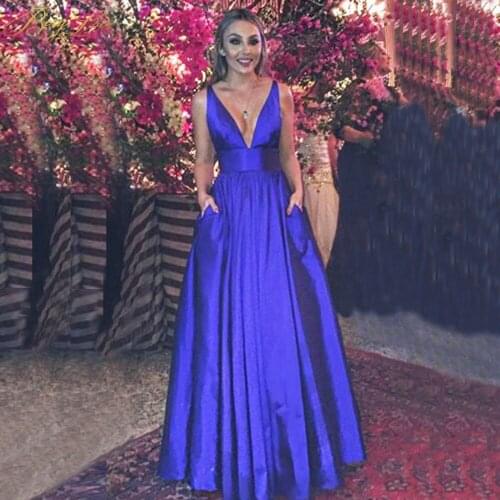 Royal Blue Evening Dress 2020 Simple Sexy V Neck Women Formal Sash A line Satin Prom Party Dress Pockets vestidos de festa