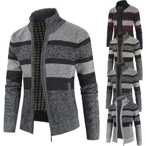 Winter New Fashion Retro Loose Mens Long-Sleeved Cardigan Stand-Up Collar Plus Velvet Color-Block Sweater Sweater