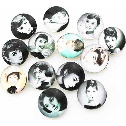 10pcs/lot pretty Audrey Hepburn Snap Buttons Charms 18mm Print Glass Buttons Fit DIY Snap Bracelets&Bangle woman Jewelry