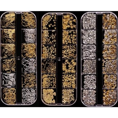 12 Grids Gold Silver Metal Rivet Nail Art Decoration Studs Frame Nail Rivets Shiny Charm Strass Manicure Accessories Stud Makeup