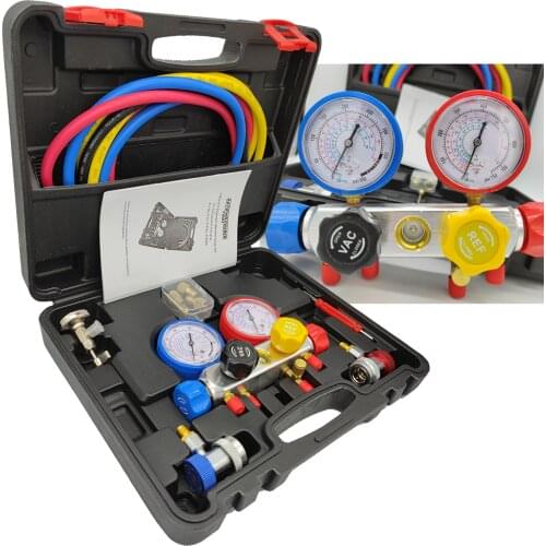 4 Way AC Manifold Gauge Set R410A R22 R134A HVAC Diagnostic Charging Tool Quick Adapter w/Hose Set + Carrying Case for car use
