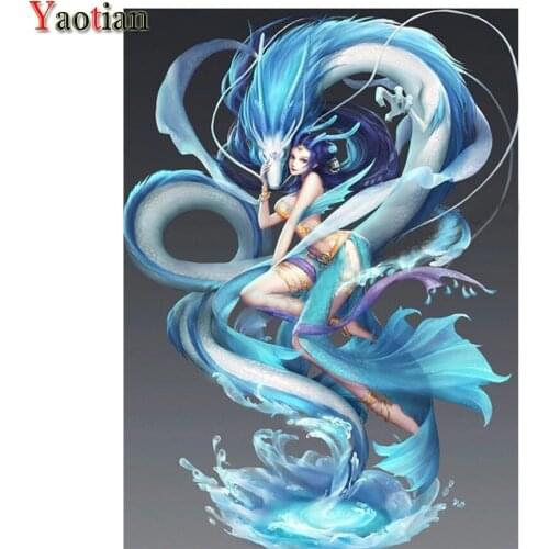 Blue Dragon and Woman 5D DIY Diamond Painting Cross Stitch Kit Mosaic Diamond Embroidery Full Square round Drill