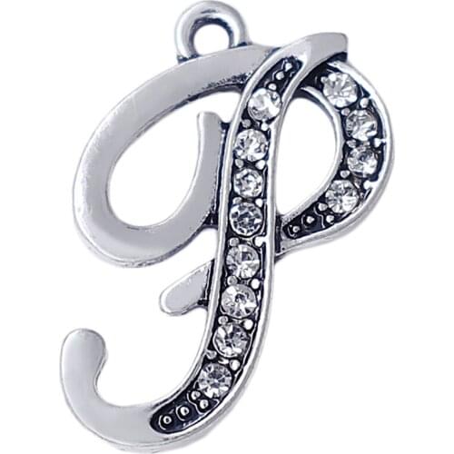 English word P metal ornaments pendant alphabet A-Z rhinestone crystal charm jewelry handmade DIY
