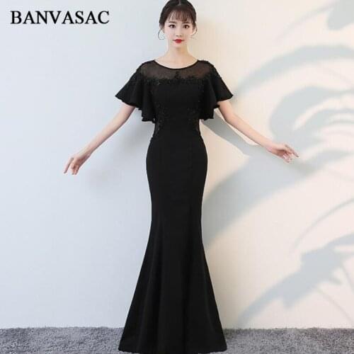 BANVASAC 2018 Illusion Sequined O Neck Satin Mermaid Long Evening Dresses Party Short Sleeve Open Back Prom Gowns