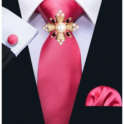 Barry.Wang New Rose Red Wedding Tie Brooch Set Silk Fahsion Designers Neckties For Men Gift Wedding Groom Business Party FA-5112