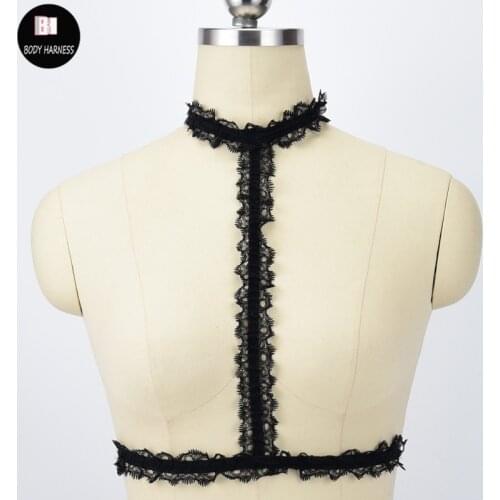 Black Lace Body Harness Elastic Chic Lace Halter Cage Bra Choker Bralette Corset Top Goth Fetish Wear Bondage Harness Bra