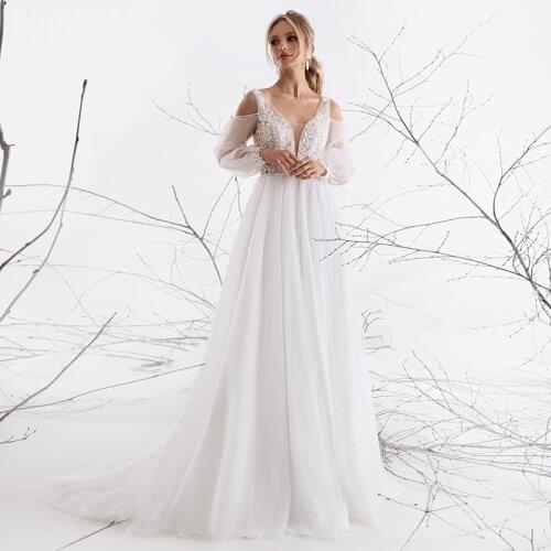Eightale Boho Wedding Dress for Women V-Neck Appliques Long Sleeves White Ivory Wedding Gown Bridal vestido de noiva simples