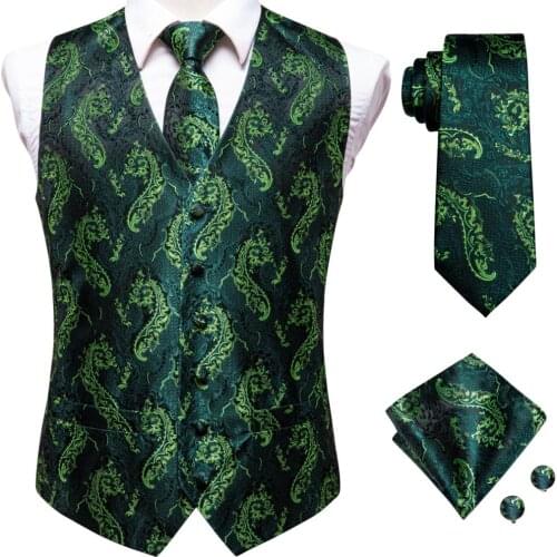 Hi-Tie Teal Green Floral Paisley Silk Men Slim Waistcoat Necktie Set For Suit Dress Wedding 4PCS Vest Necktie Hanky Cufflink Set