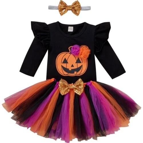 Infant Baby Girls Three-piece Clothes Set, Long Sleeve Romper, Multicolor Yarn Skirt and Headdress for Halloween