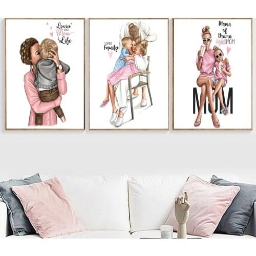 Fashion Mom Wall Art Canvas Painting Princess Girl Nordic Poster Family Love Wall Pictures For Living Room