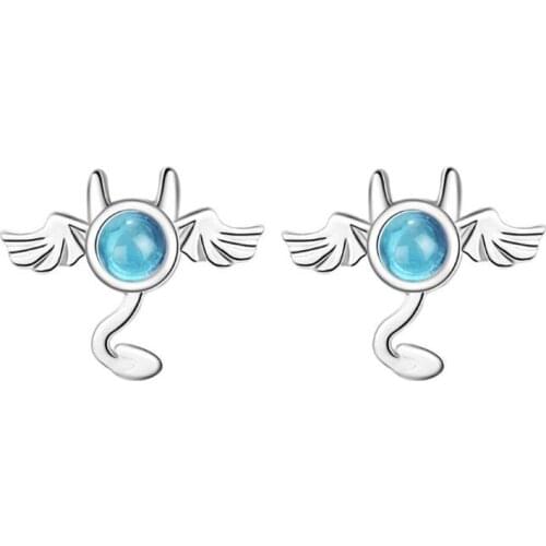 New Creative Fashion Personality Little Devil 925 Sterling Silver Jewelry Blue Crystal Bat Stud Earrings SE714