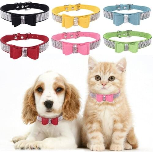 Hot Rhinestone Collars for Small Dogs Bling Crystal Bow PU Leather Pet Collar Puppy Cats Necklace Dog Harness Leash Accessories
