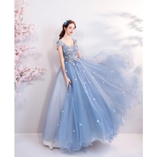 Eye Catching Light Blue Prom Dresses Scoop Lace-up Back Evening Dresses Floral Applique with Beads Sequins