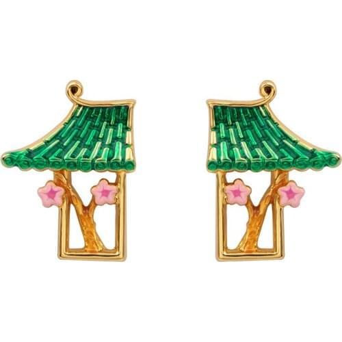 Antique Peach Blossom Pavilion S925 Needle Stud Earrings Chinese Style Three-dimensional Hand-painted Enamel Retro Ear Jewelry